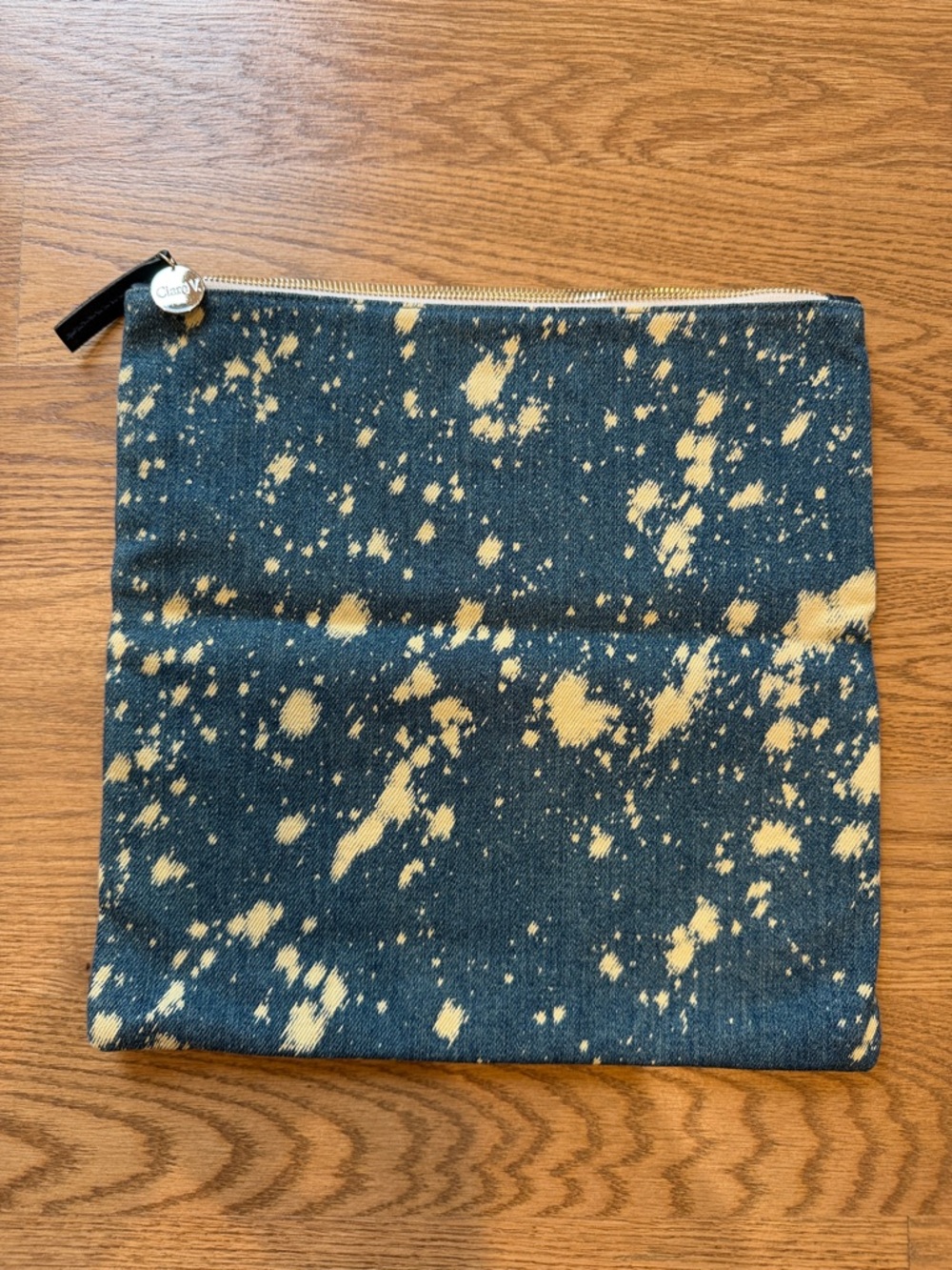 Clare V. Bleached Denim Zip Pouch - Navy Blue with Cream Splatter